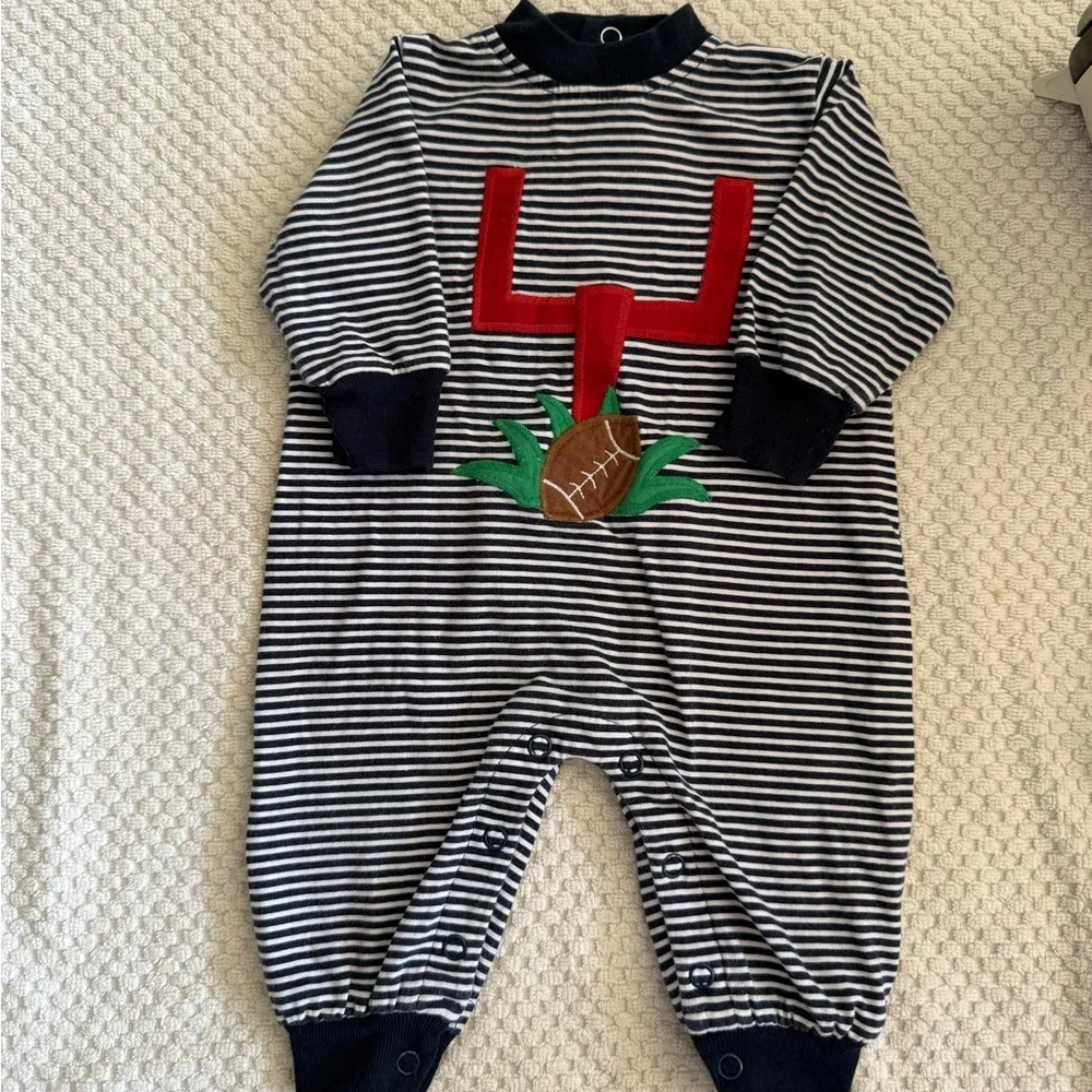 Striped Football Baby One Piece Smocked Appliqué